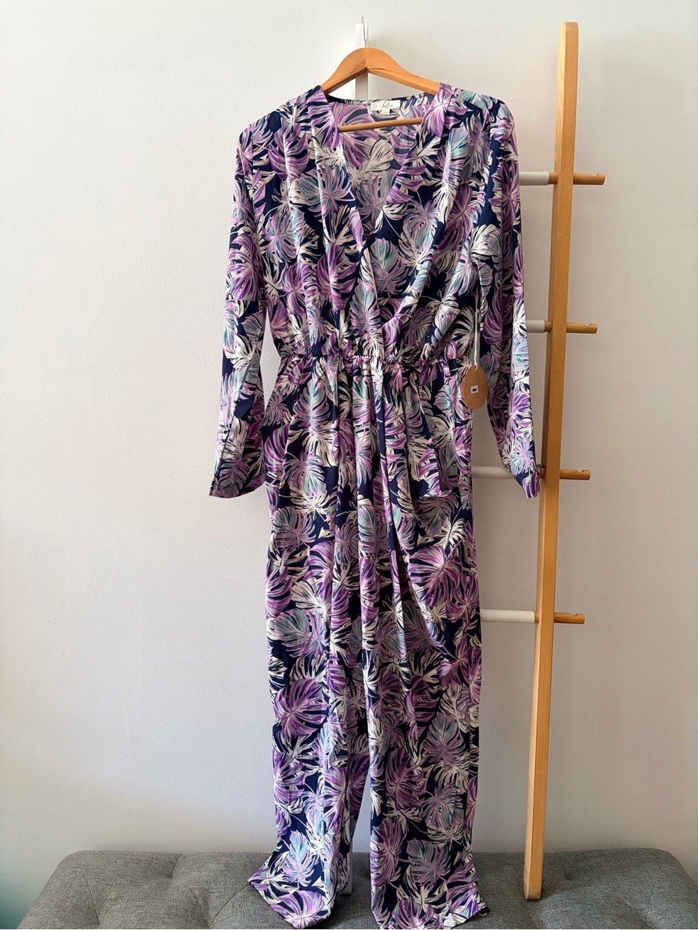 Purple Leaf-Print Long Sleeve Jumpsuit with Drawstring Waist